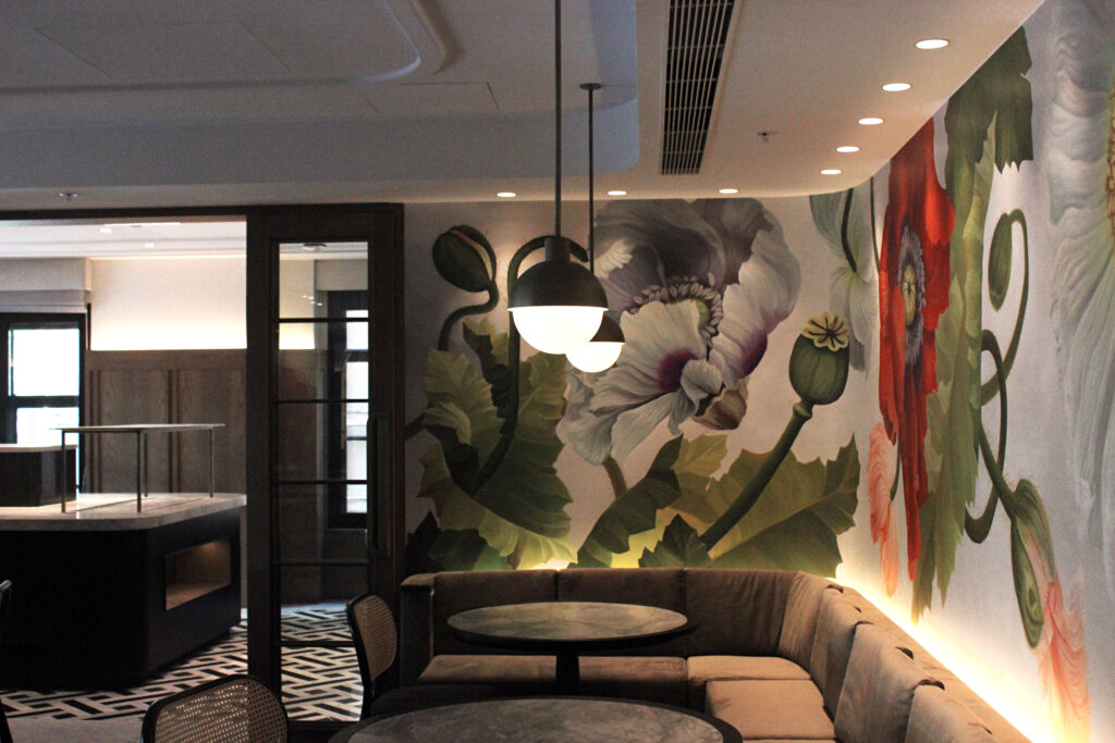Hotel lounge with pendant lighting